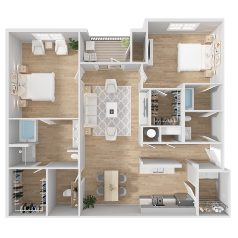 a 3d floor plan of a living room with a bedroom and a kitchen